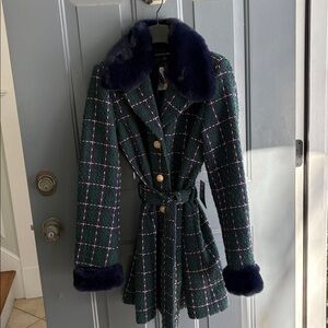 Boston Proper Navy Plaid Trench Coat with Faux Fur